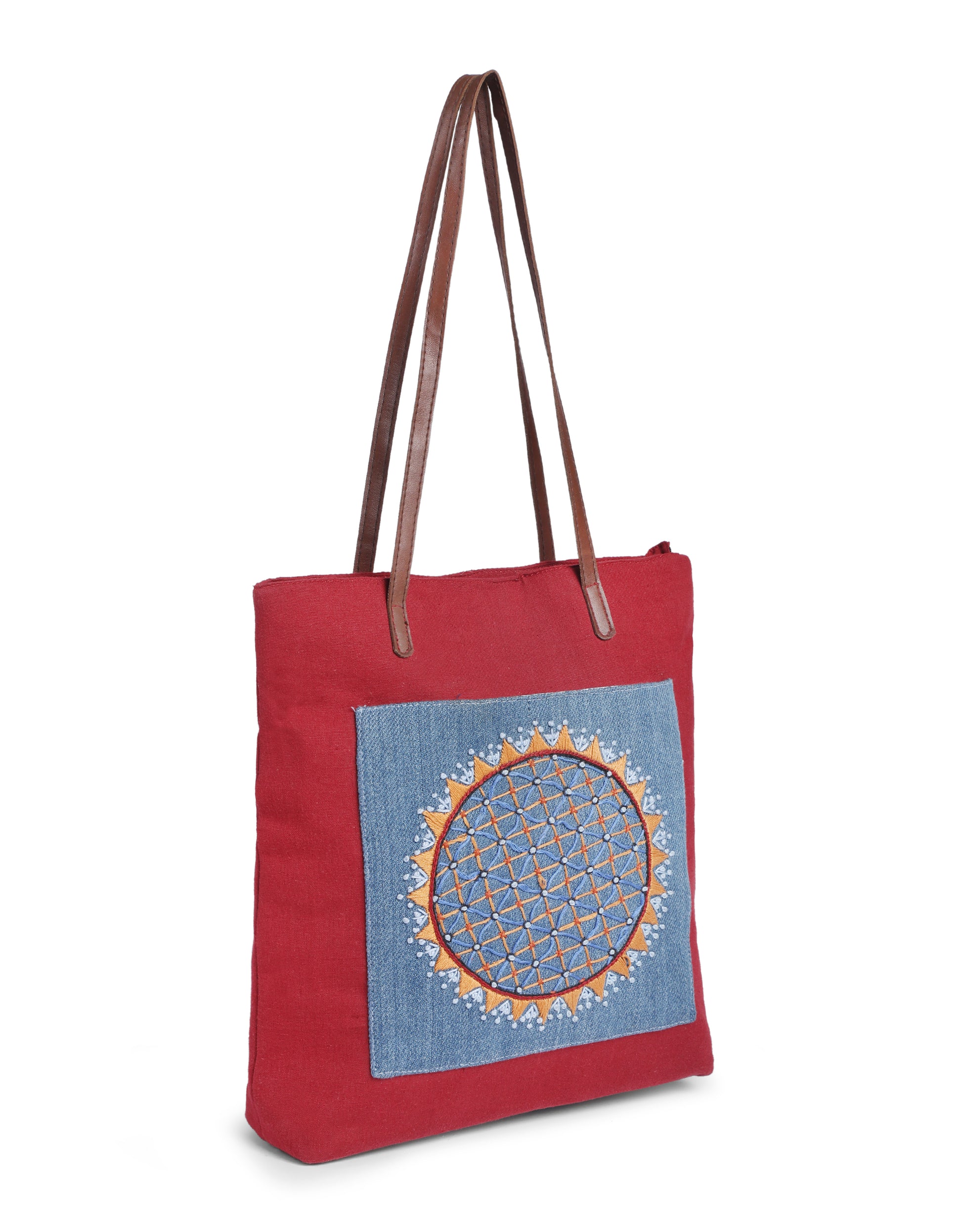 Maroon Thread Embroidered Tote
