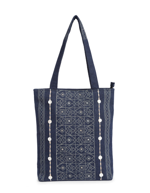 Beige Block Print Denim Tote