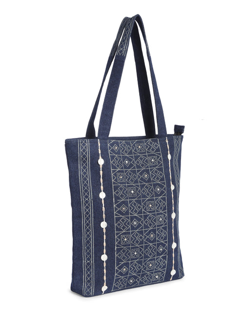 Beige Block Print Denim Tote