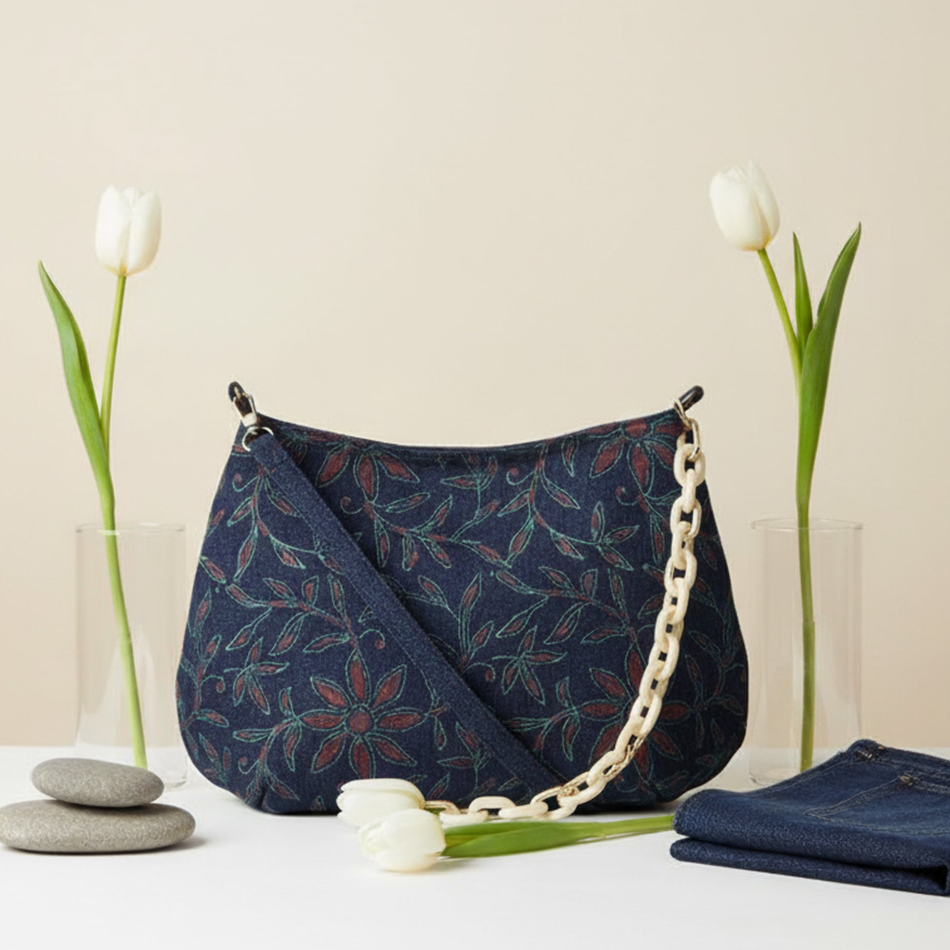 Floral Block Print Denim Sling