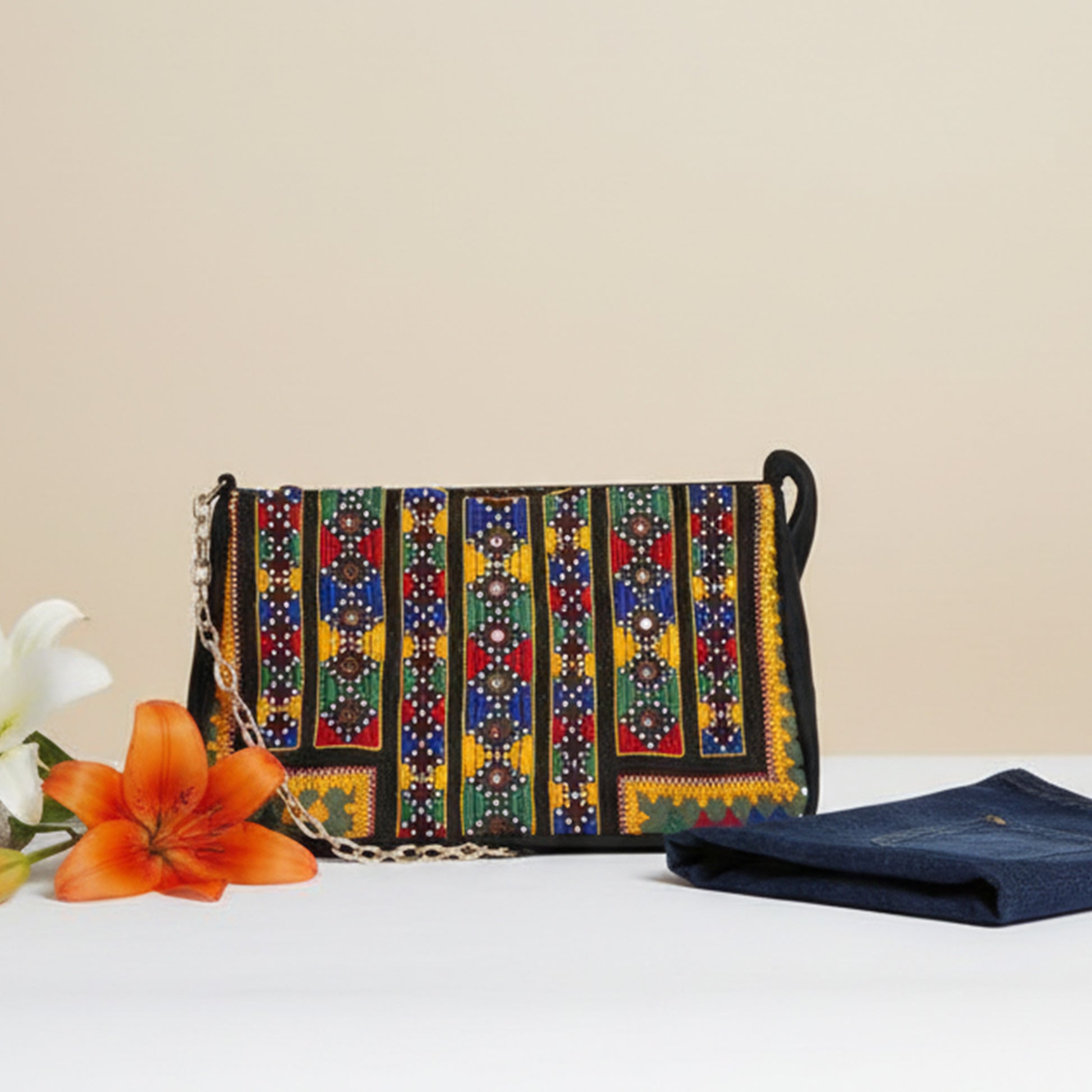 Vintage Embroidery Black Shoulder Bag