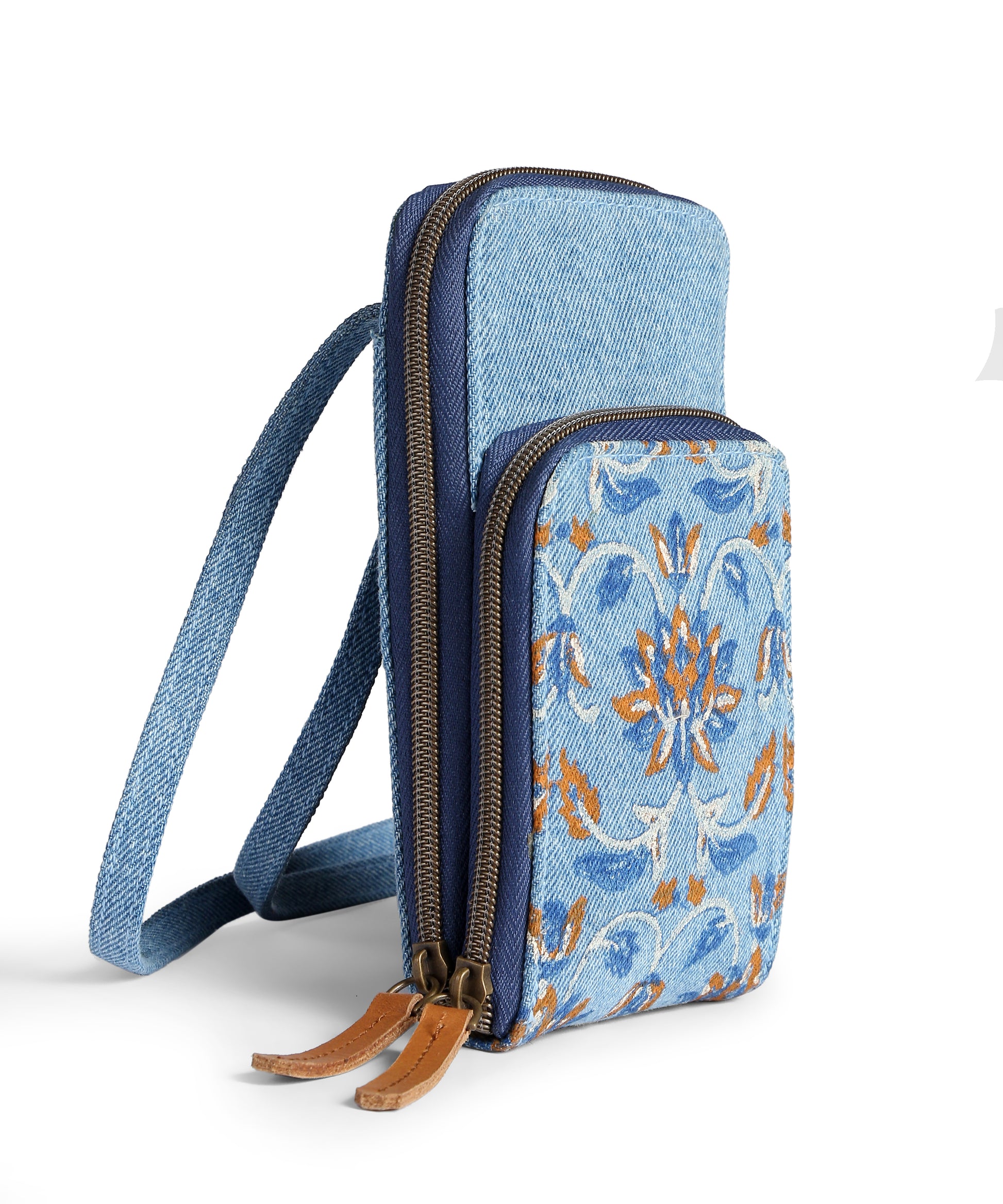 Block Print Double zip mobile pouch