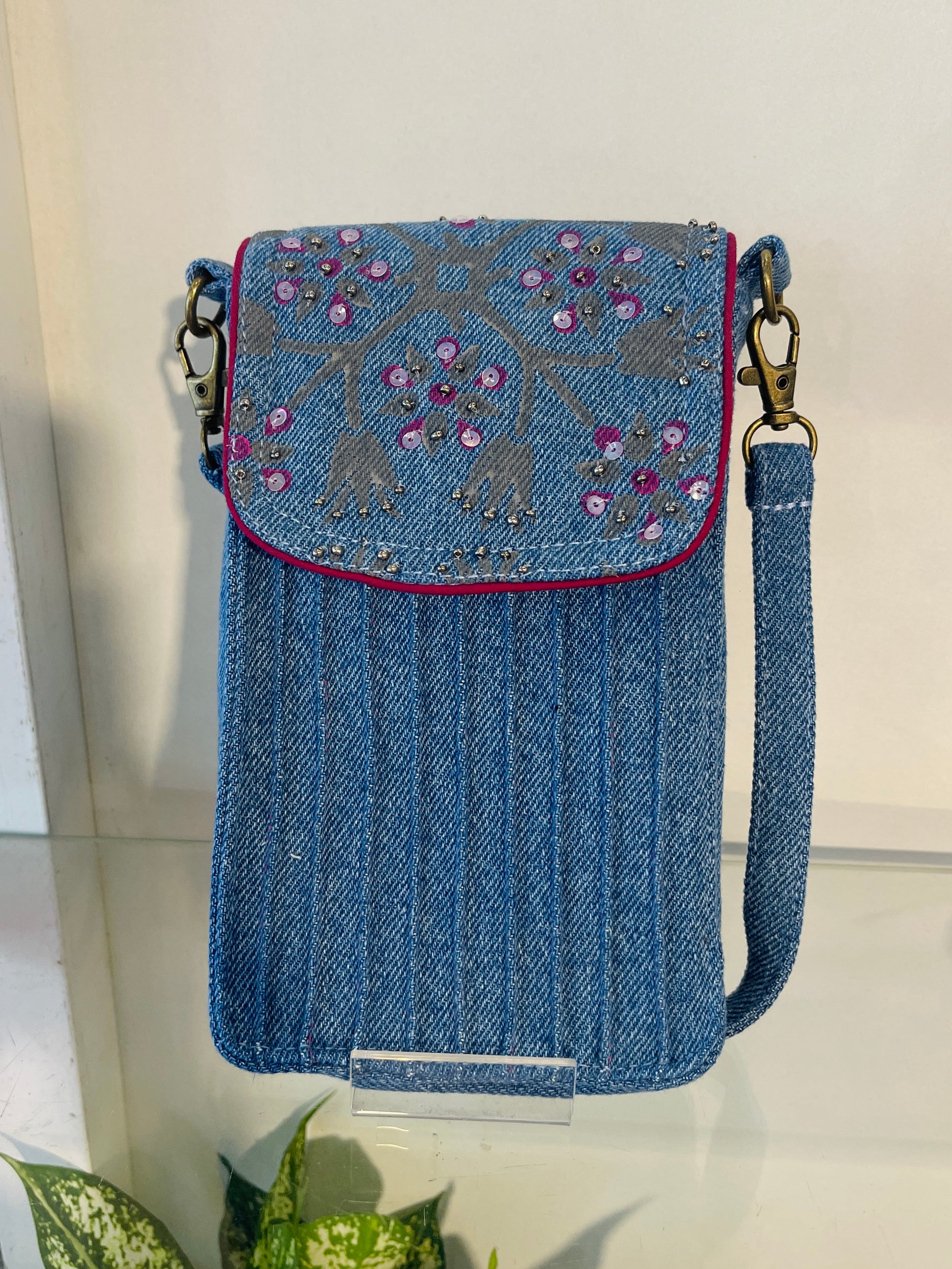 Pink Block Print Sequined Mobile Pouch