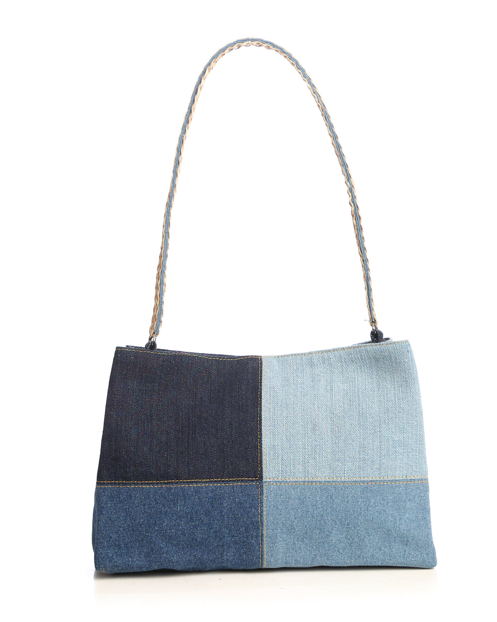 Denim Block Burst Shoulder bag with Jute handle