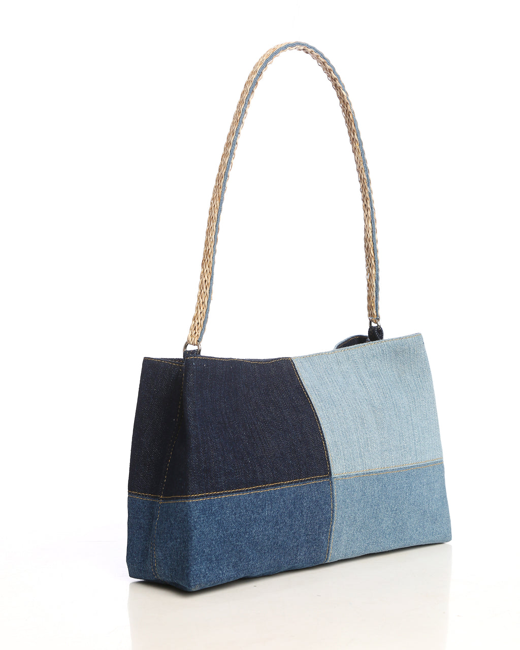 Denim Block Burst Shoulder bag with Jute handle