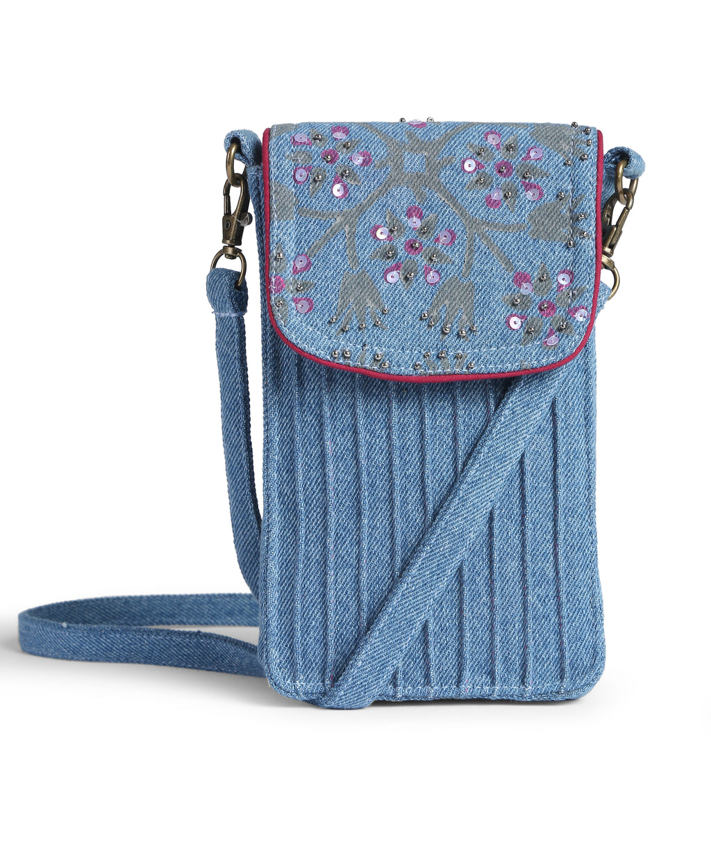 Pink Block Print Sequined Mobile Pouch