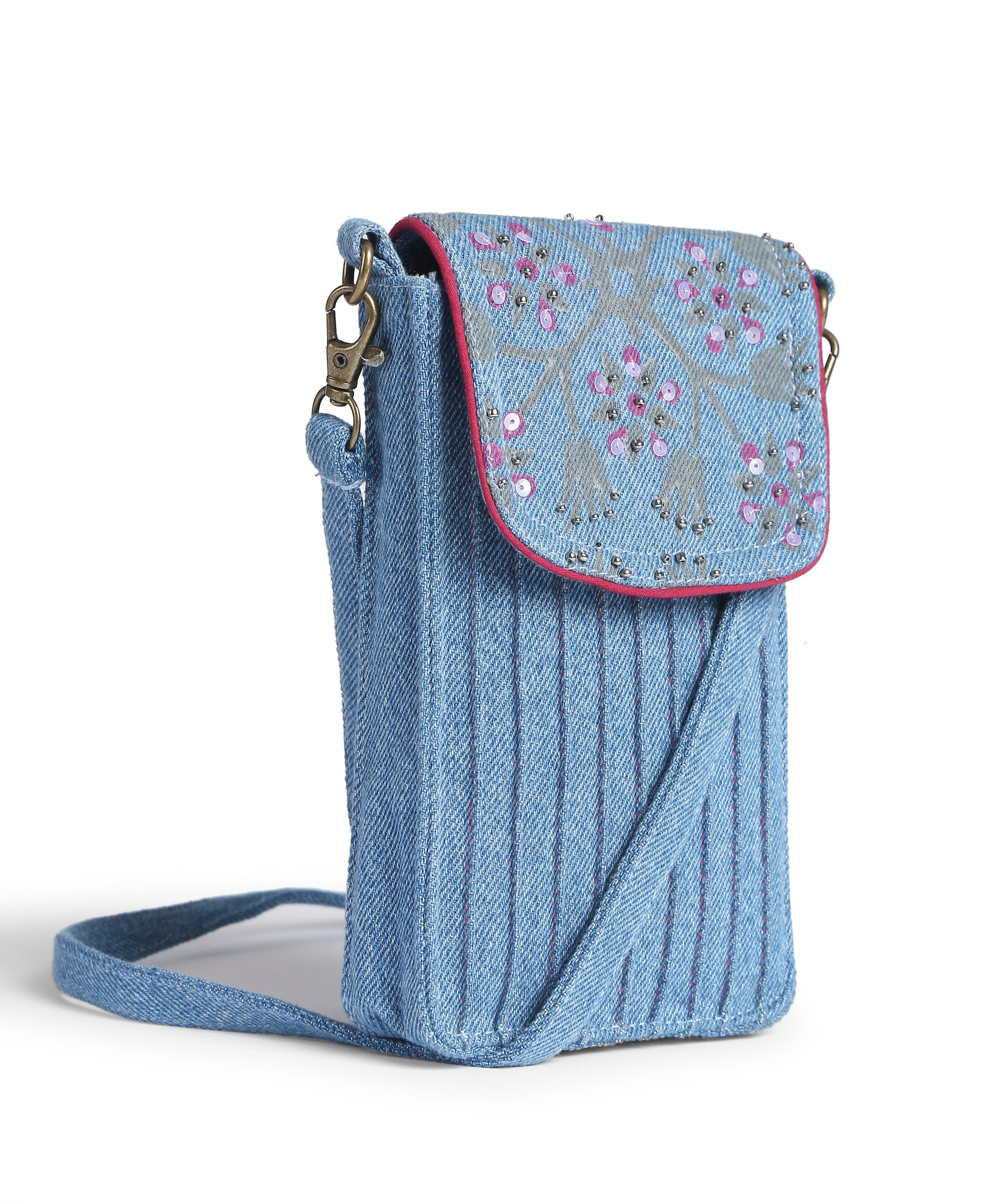 Pink Block Print Sequined Mobile Pouch