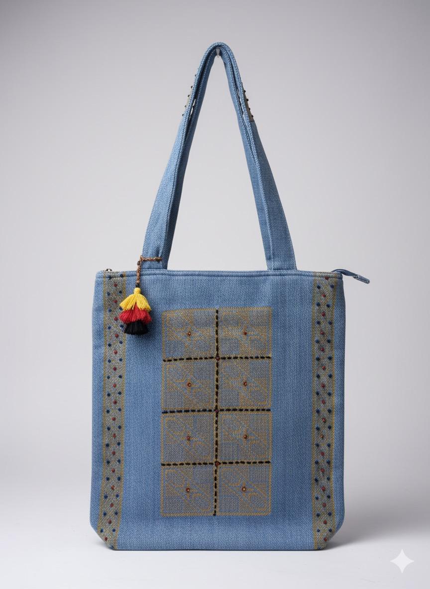Yellow Block Print Denim Tote