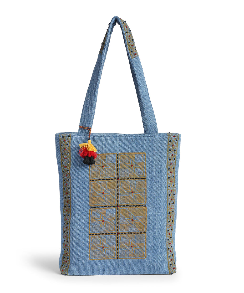 Yellow Block Print Denim Tote