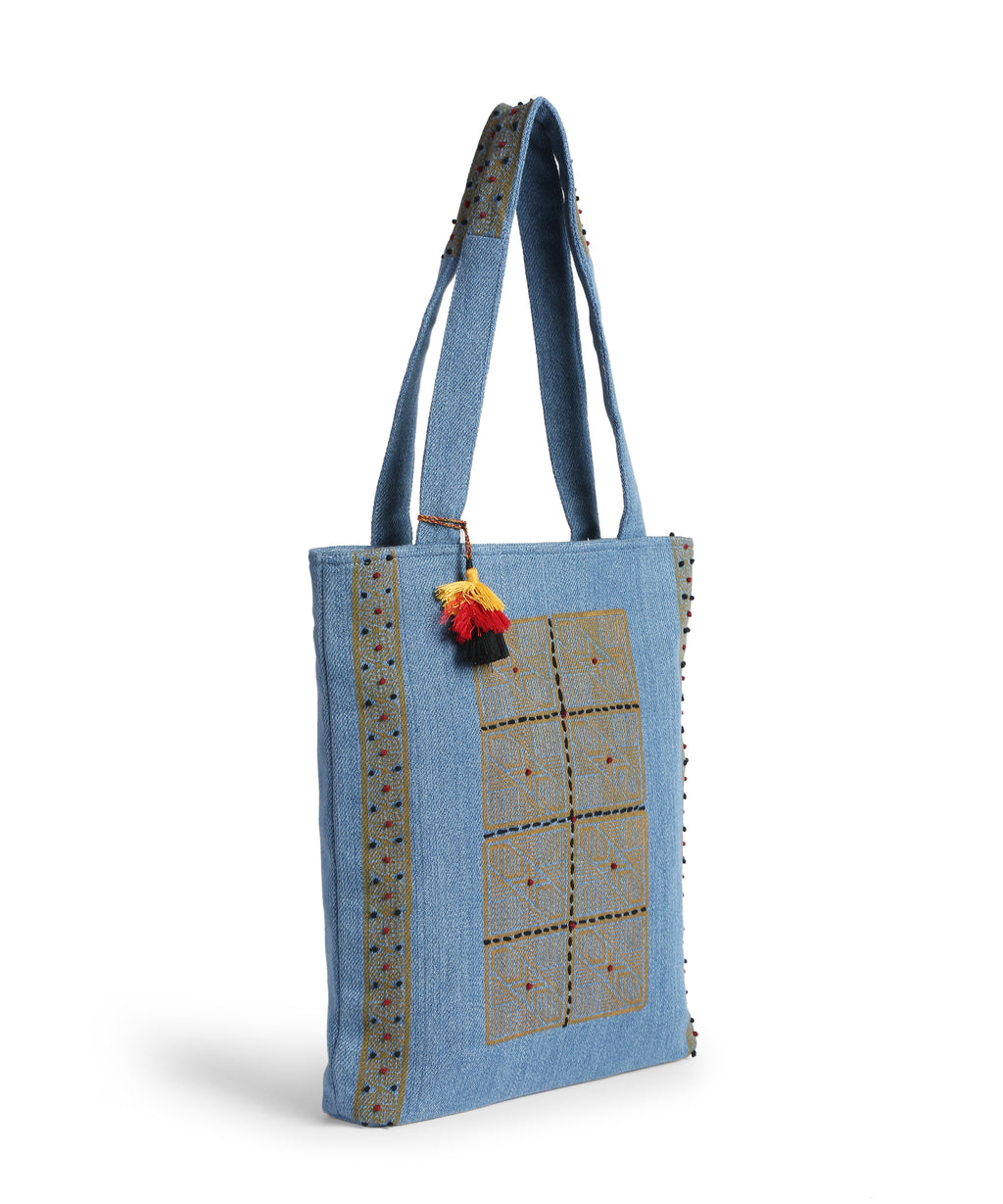 Yellow Block Print Denim Tote