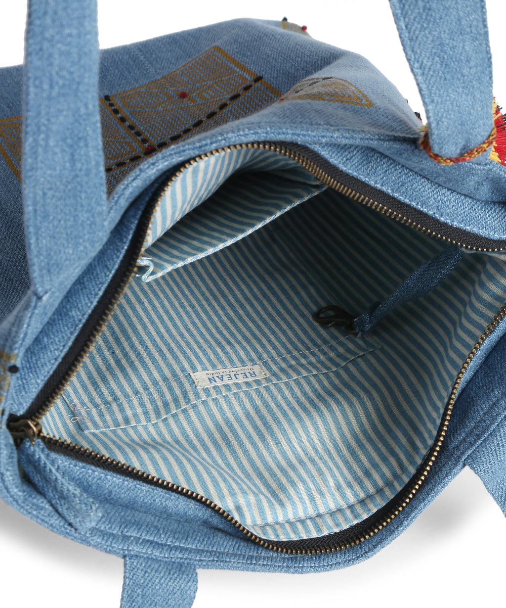 Yellow Block Print Denim Tote